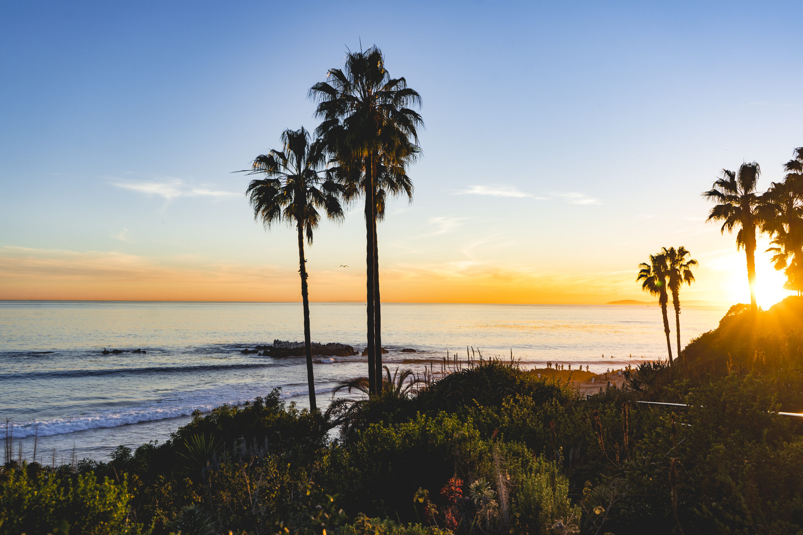 A view of Laguna Beach sunset at the beach. Laguna Beach is located in southern California.